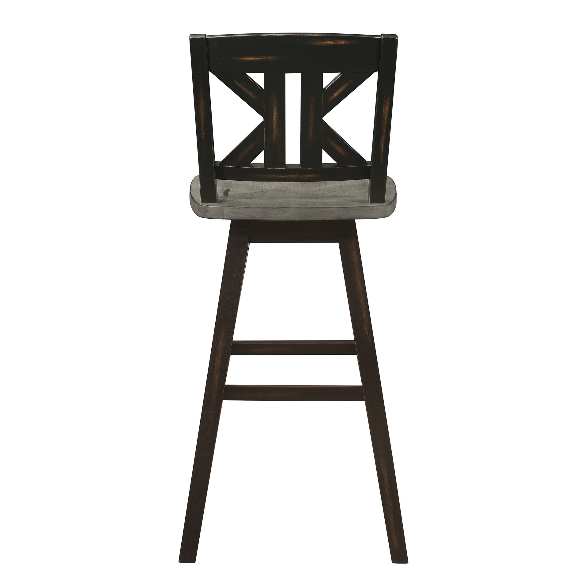 Pub Height Chairs Set of 2, Distressed Gray and Black 360-degree Swivel Chair Solid Rubberwood Furniture, Divided X-Back Bar Chairs