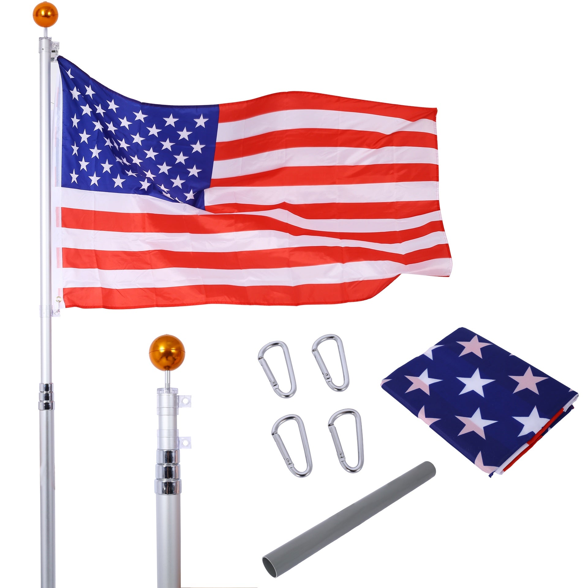 16FT Telescopic Flag Pole Kit for July 4th – Heavy Duty Aluminum, 3x5 USA Flag Included, 360° Tangle-Free Clips