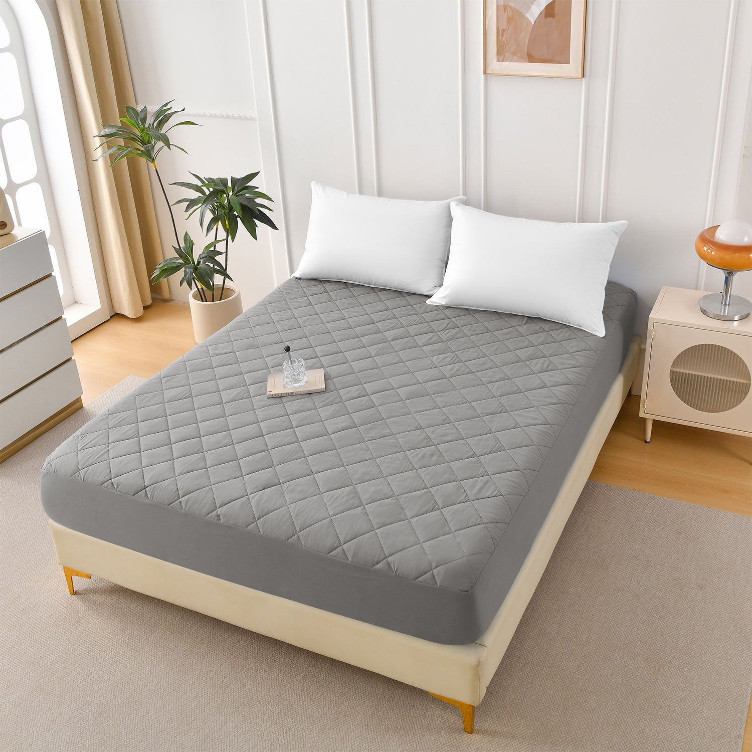 Diamond Grid Ultrasonic Waterproof Mattress Protector Gray Size K