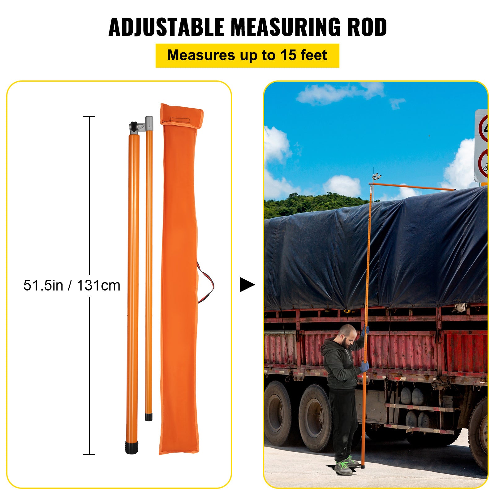 Load Height Measuring Stick, 15' Sturdy Fiberglass Truck Height Stick with Adjustable Pole, Non-conductive Truck Height Measuring Stick with Carrying Bag, Height Stick for Trucks, Car Haulers