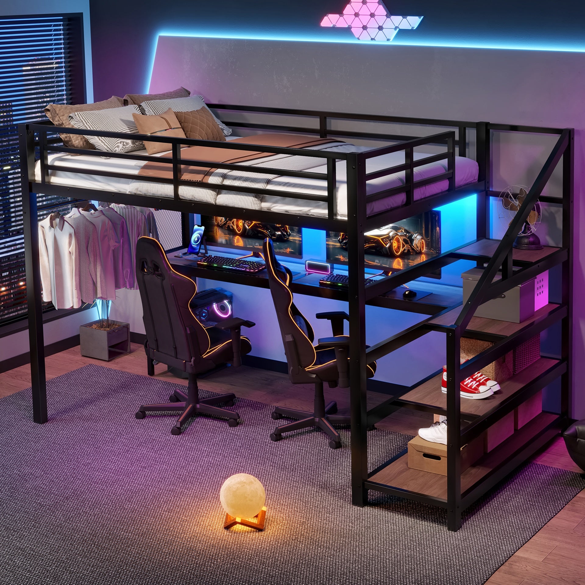 Full Loft Bed with Desk and Storage Stairs, Metal Loft Beds with LED Lights, USB Ports, Multifunctional Iron Nets, No Spring Box Needed and Noise-free, Black