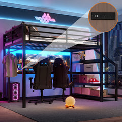Full Loft Bed with Desk and Storage Stairs, Metal Loft Beds with LED Lights, USB Ports, Multifunctional Iron Nets, No Spring Box Needed and Noise-free, Black