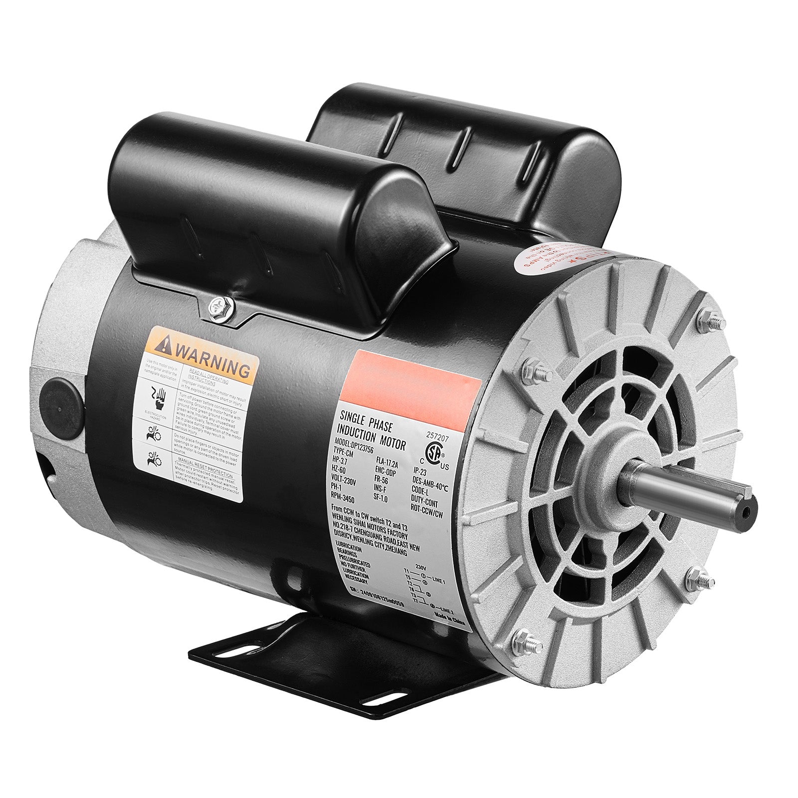 3.7HP Air Compressor Electric Motor 230V 17.2A 3450RPM 56 Frame CW/CCW Rotation (Factory Setting is CCW)