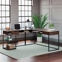 L-Shaped Desk with Five-Shelf Bookcase, Brown finish