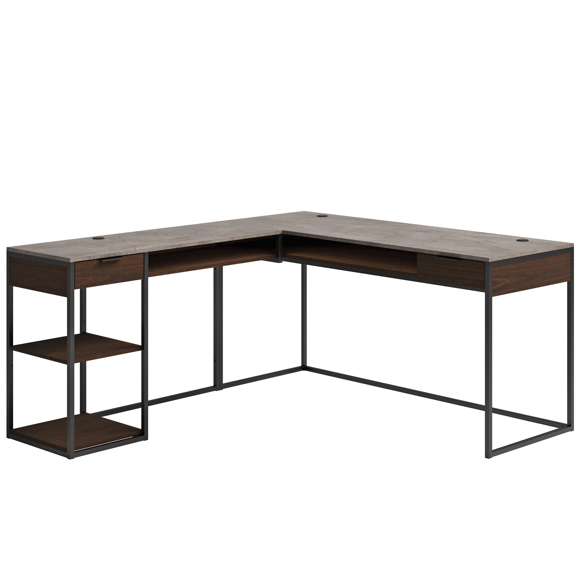 L-Shaped Desk with Five-Shelf Bookcase, Brown finish