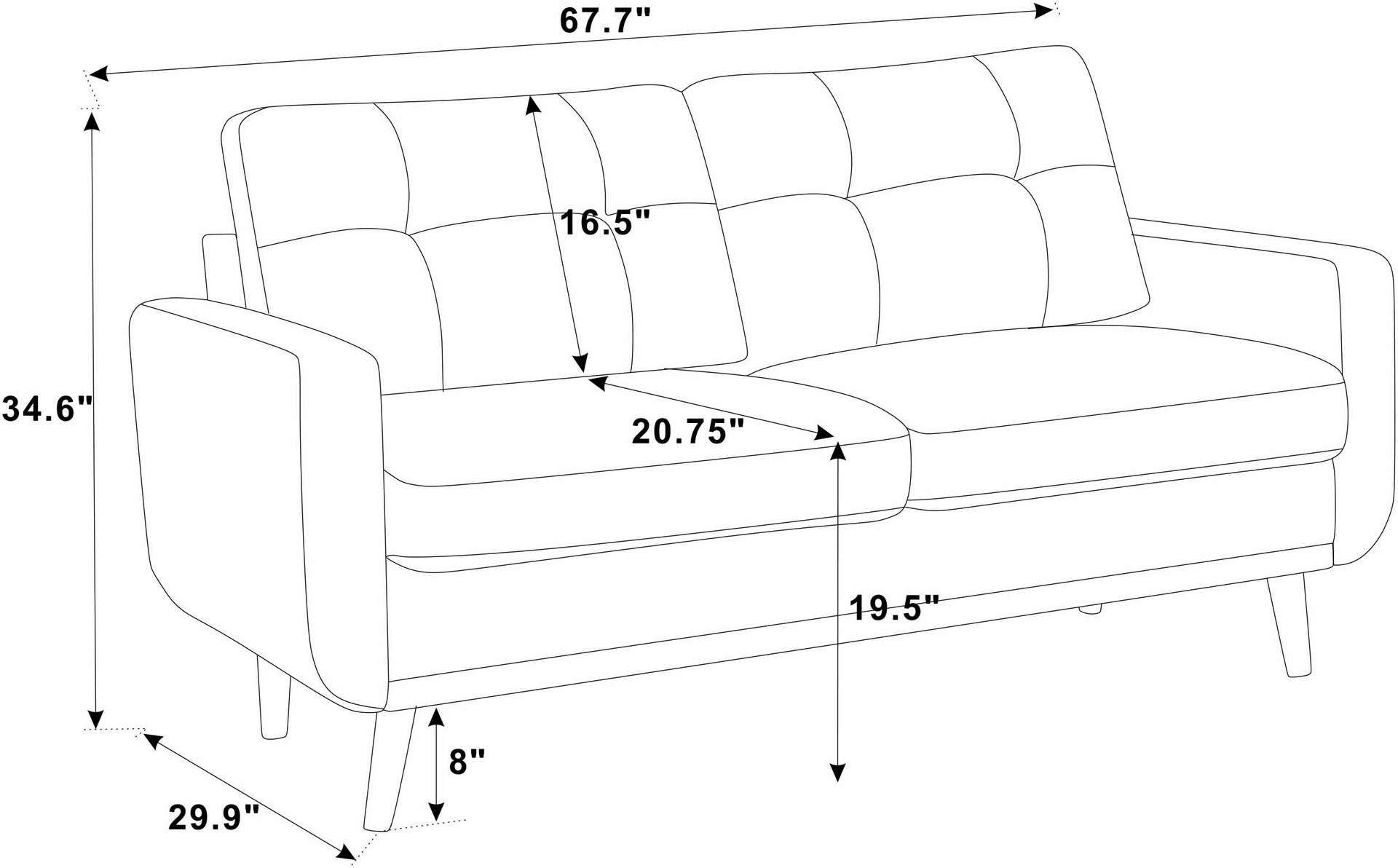 67.7" Wide Mid-Century Modern Upholstered Tufted Loveseat Sofa With Wooden Legs