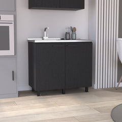 2 Freestanding Utility Base Cabinet with Stainless Steel Countertop and 2-Door, Black