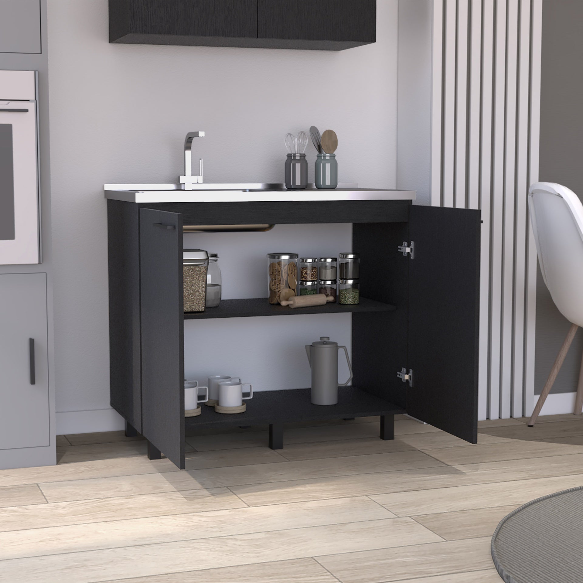 2 Freestanding Utility Base Cabinet with Stainless Steel Countertop and 2-Door, Black