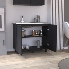 2 Freestanding Utility Base Cabinet with Stainless Steel Countertop and 2-Door, Black