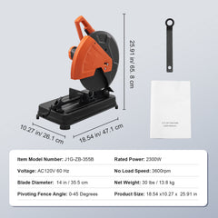 Abrasive Chop Saw, 14"/355mm Blade Diameter Cut Off Saw, 2300W 3600RPM Steel Cutting Machine, 0-45° Adjustable Angle Miter Saw for Cutting Metal Cutting Chop Saw for Steel/Rebar/Iron/Aluminum