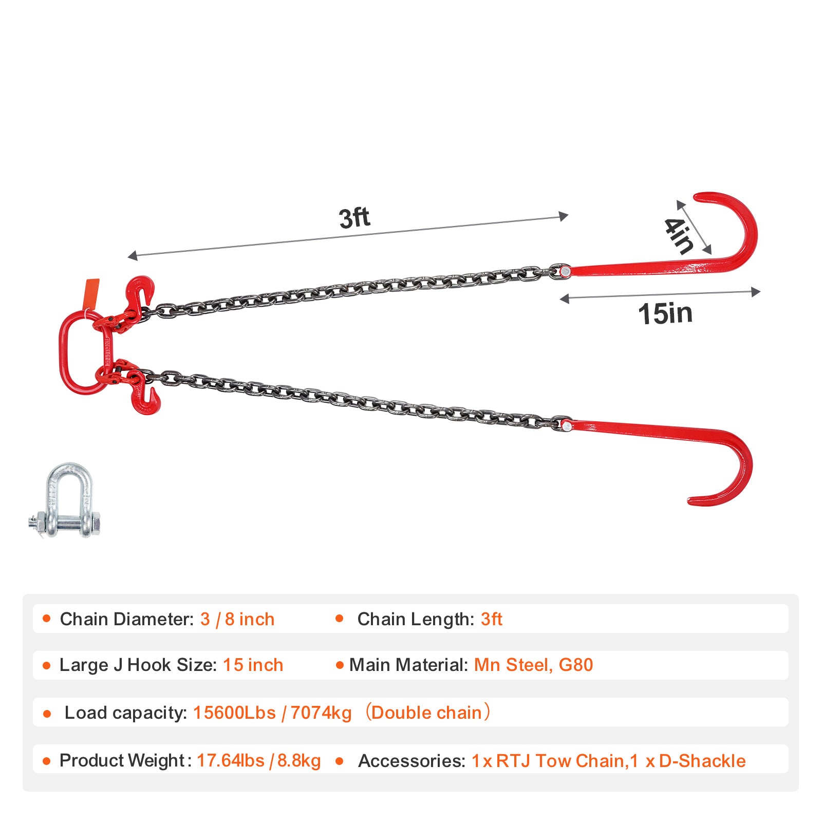 3/8" x 3' G80 Tow Chain J Hook V-Chain Bridle Grab Hook Wrecker 15600 lbs