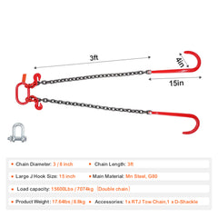 3/8" x 3' G80 Tow Chain J Hook V-Chain Bridle Grab Hook Wrecker 15600 lbs
