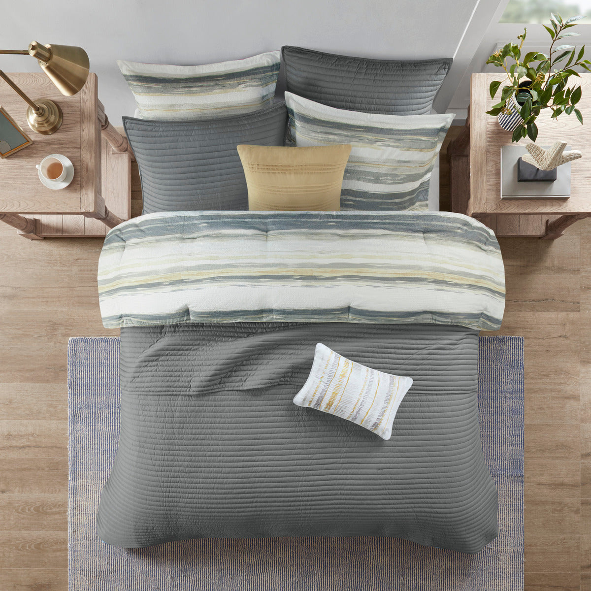 8 Piece Printed Seersucker Comforter and Quilt Set Collection Yellow King/Cal King