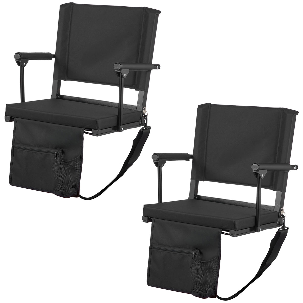 Stadium Seat, Portable Bleacher Seat with Armrest, Back Support and Thick Cushion, Bench Chair for Bleacher Includes Shoulder Strap, Hooks, Cup Holder, Black Football Bleachers Seats, 2PCS