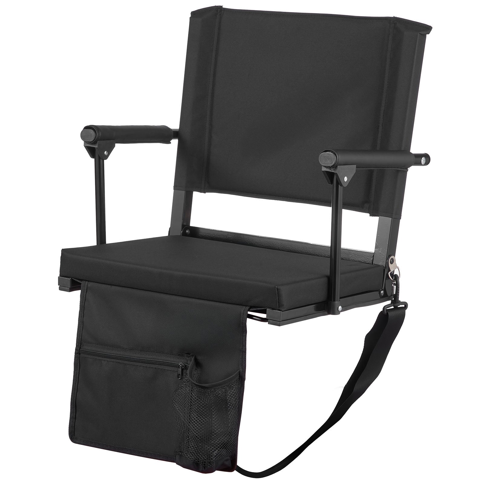 Stadium Seat, Portable Bleacher Seat with Armrest, Back Support and Thick Cushion, Bench Chair for Bleacher Includes Shoulder Strap, Hooks, Cup Holder, Black Football Bleachers Seats, 2PCS