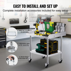 Stainless Steel Work Table, 24 x 28 x 30 Inch Commercial Food Prep Worktable with 4 Wheels, Casters, 3-Sided Backsplash Heavy Duty Prep Worktable, Metal Work Table for Restaurant Home Hotel