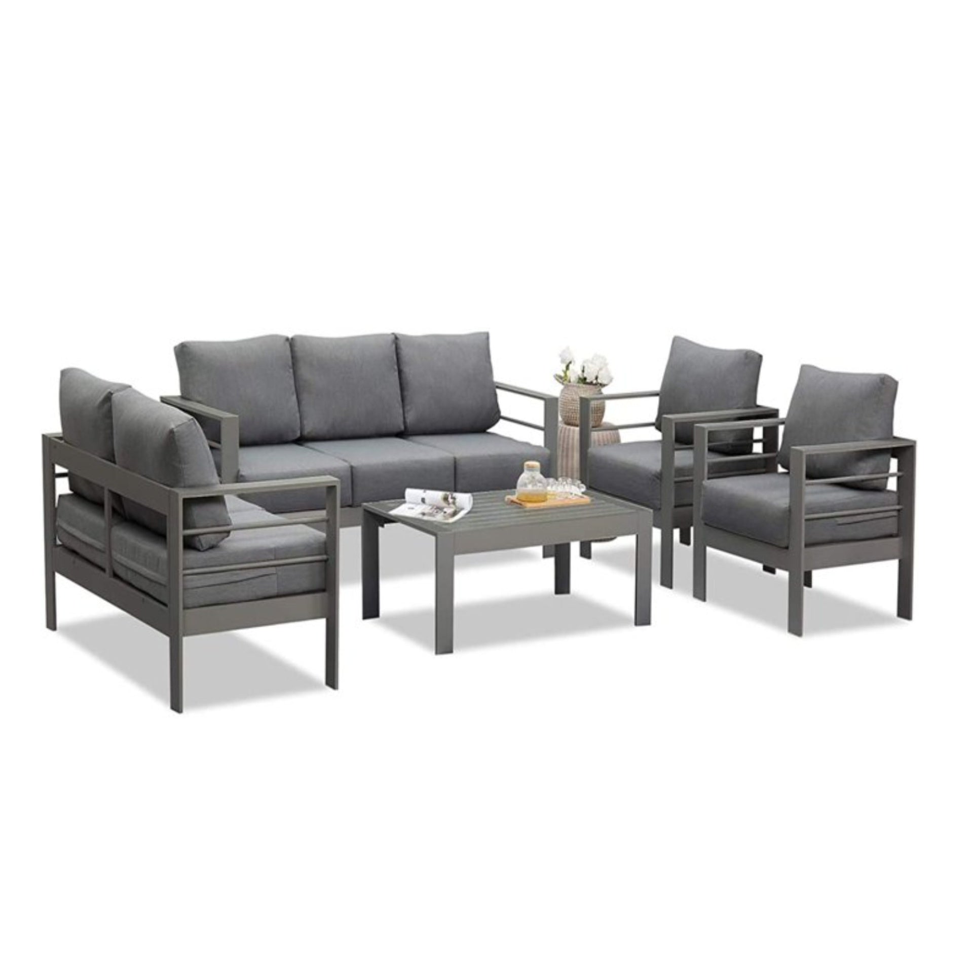 5-Piece Modern Aluminum Patio Conversation Set,  7-Seat Outdoor Sofa with  Thick Dark Gray Cushions & Gray Frame and Coffee Table