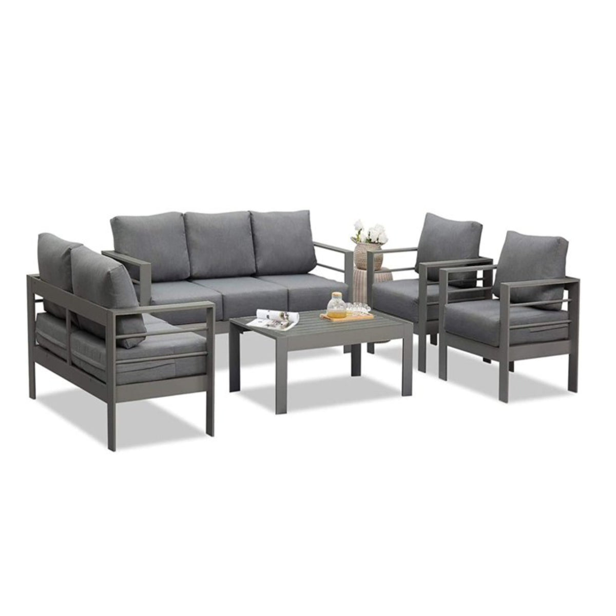 5-Piece Modern Aluminum Patio Conversation Set,  7-Seat Outdoor Sofa with  Thick Dark Gray Cushions & Gray Frame and Coffee Table