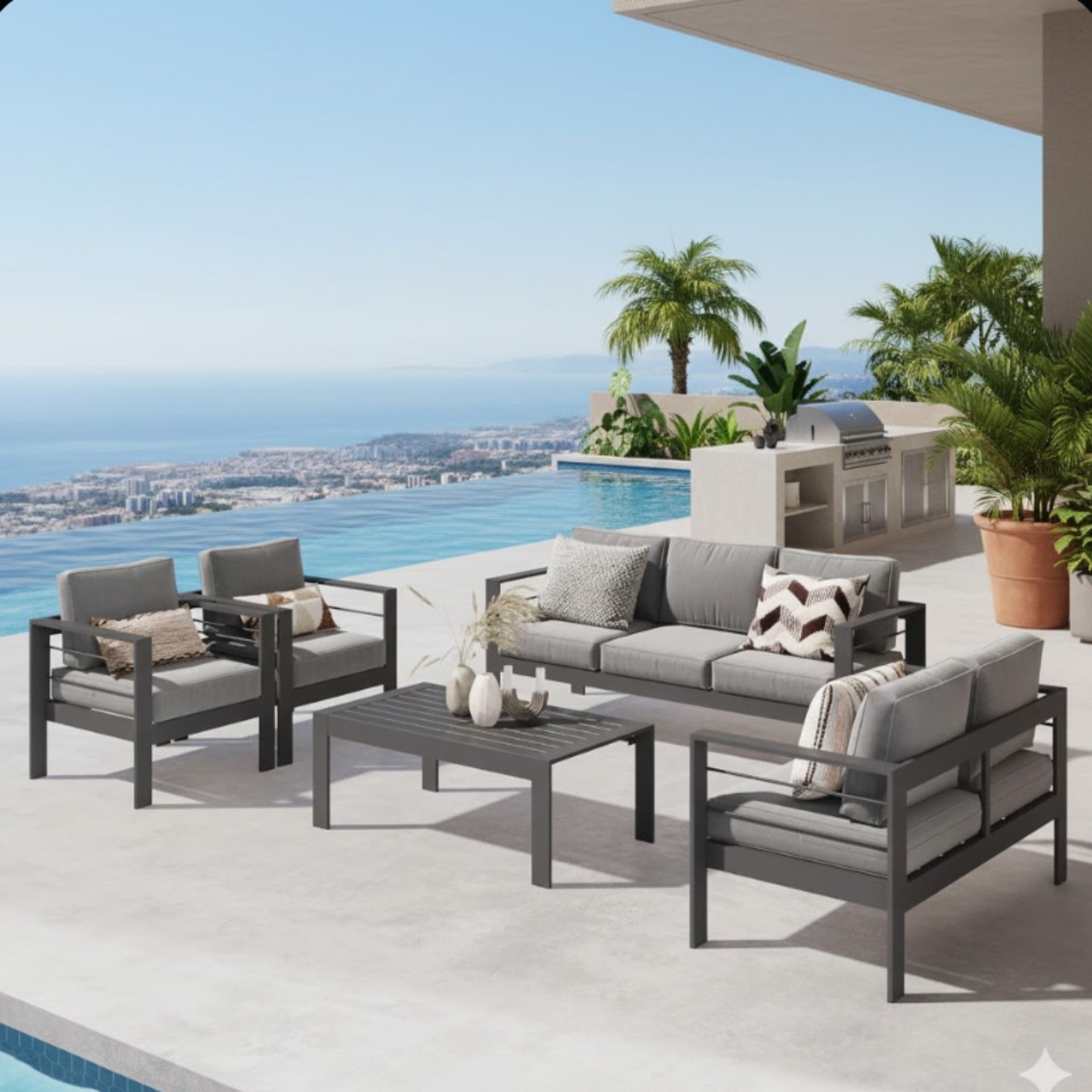 5-Piece Modern Aluminum Patio Conversation Set,  7-Seat Outdoor Sofa with  Thick Dark Gray Cushions & Gray Frame and Coffee Table