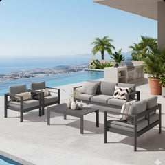 5-Piece Modern Aluminum Patio Conversation Set,  7-Seat Outdoor Sofa with  Thick Dark Gray Cushions & Gray Frame and Coffee Table