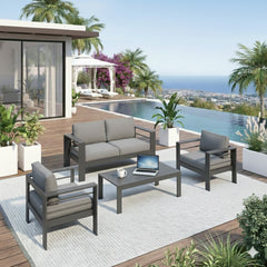 4-Piece Modern Aluminum Patio Conversation Set,  4-Seat Outdoor Sofa with  Thick Dark Gray Cushions & Gray Frame and Coffee Table
