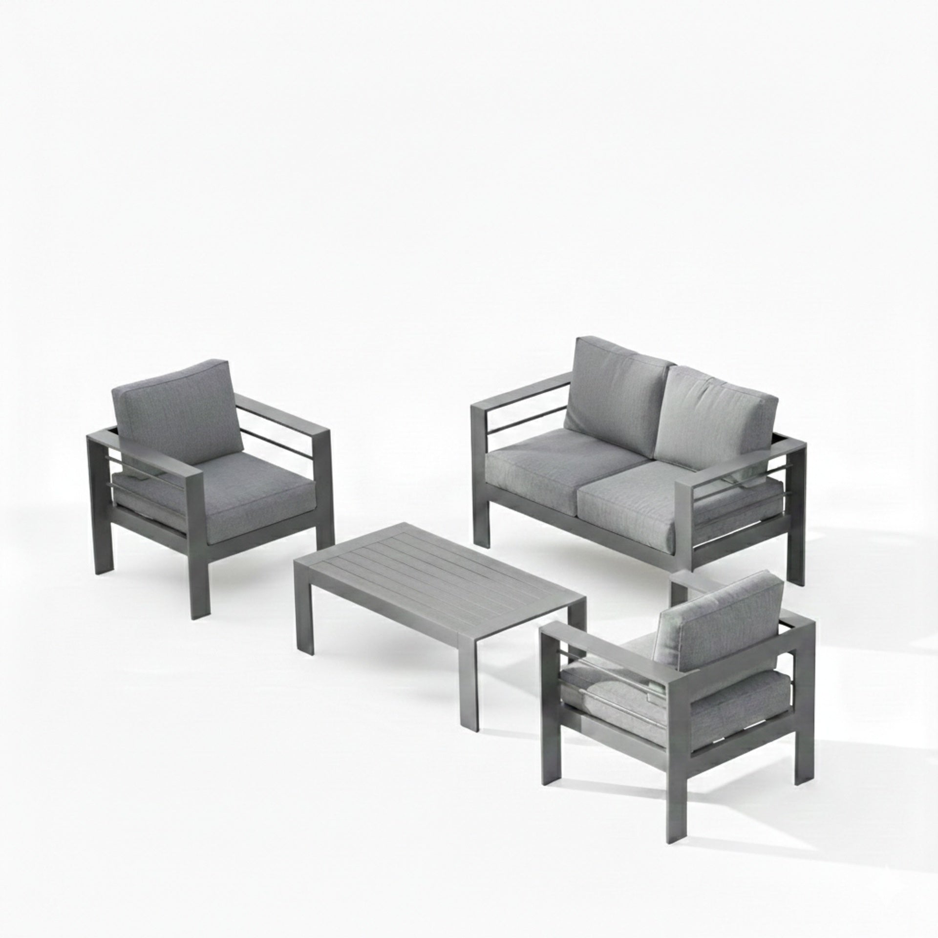 4-Piece Modern Aluminum Patio Conversation Set,  4-Seat Outdoor Sofa with  Thick Dark Gray Cushions & Gray Frame and Coffee Table