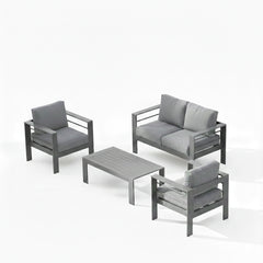 4-Piece Modern Aluminum Patio Conversation Set,  4-Seat Outdoor Sofa with  Thick Dark Gray Cushions & Gray Frame and Coffee Table