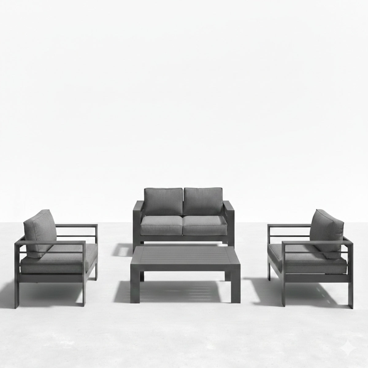 4-Piece Modern Aluminum Patio Conversation Set,  4-Seat Outdoor Sofa with  Thick Dark Gray Cushions & Gray Frame and Coffee Table