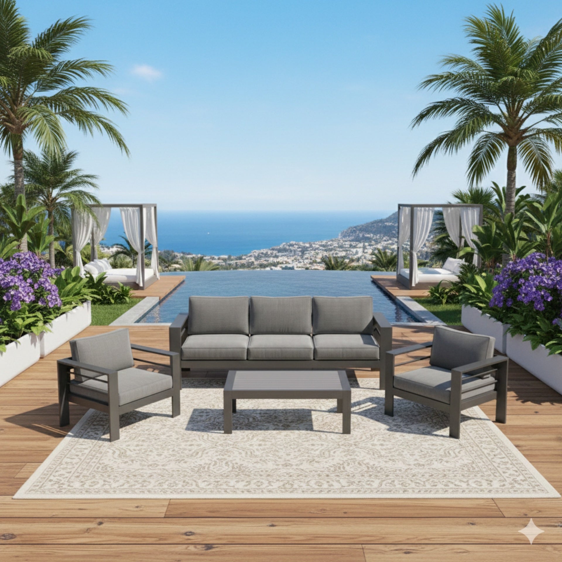 4-Piece Modern Aluminum Patio Conversation Set,  5-Seat Outdoor Sofa with  Thick Dark Gray Cushions & Gray Frame and Coffee Table