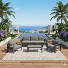 4-Piece Modern Aluminum Patio Conversation Set,  5-Seat Outdoor Sofa with  Thick Dark Gray Cushions & Gray Frame and Coffee Table