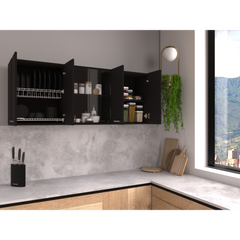 Wall Cabinet 24" H, four Doors, with two internal Shelves and internal plate and glass organizer, two Storage Shelves with two glass Doors, Black