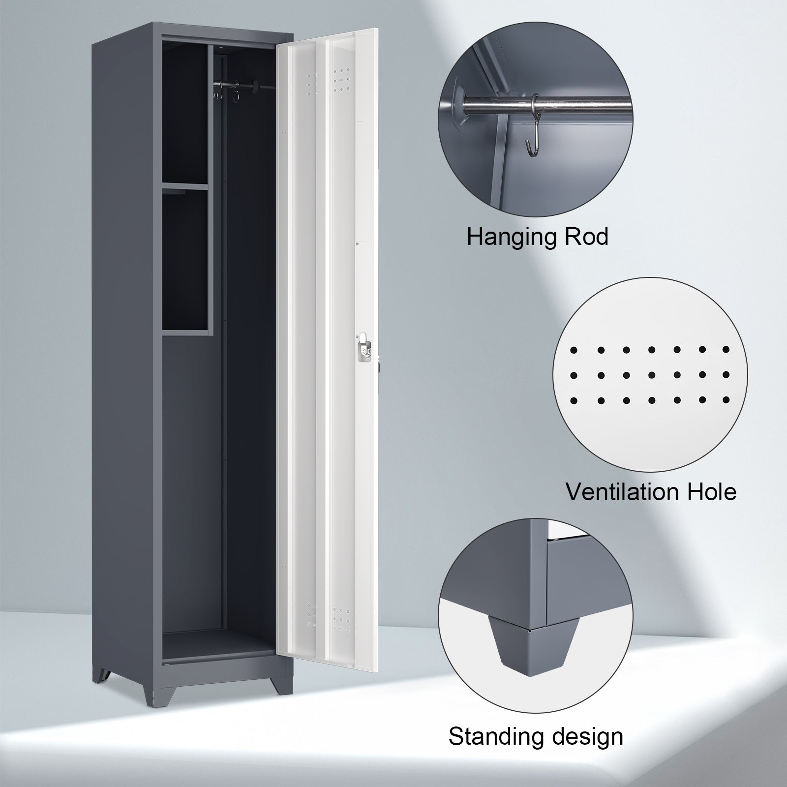 Metal Broom Storage Cabinet, 65" Narrow Broom Cabinet With Hooks, Slim Bathroom Storage Cabinet With Shelves, Heavy-Duty Cleaning Storage Cabinet For Utility Room, Gym, Office, Garage, Utility Shelves