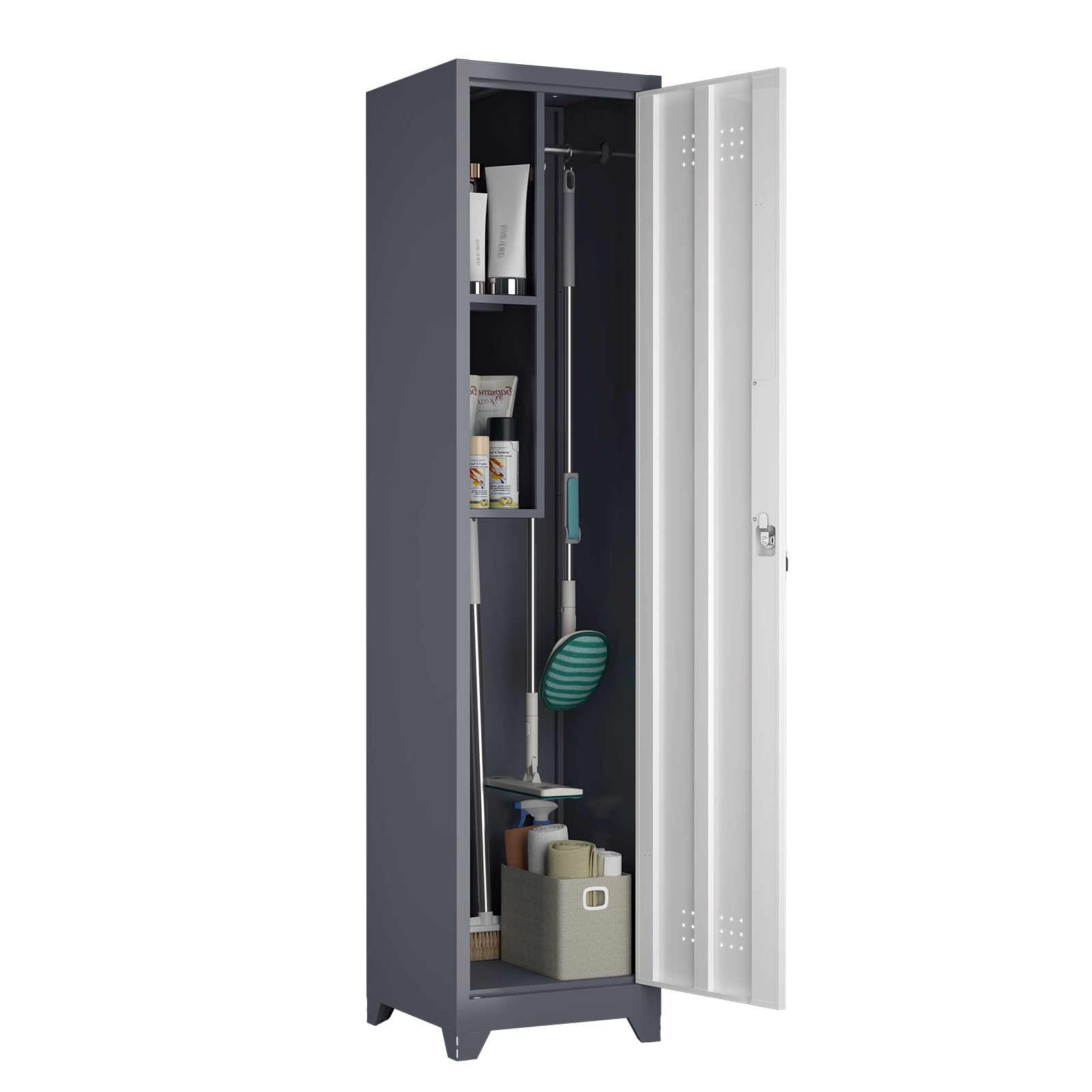 Metal Broom Storage Cabinet, 65" Narrow Broom Cabinet With Hooks, Slim Bathroom Storage Cabinet With Shelves, Heavy-Duty Cleaning Storage Cabinet For Utility Room, Gym, Office, Garage, Utility Shelves