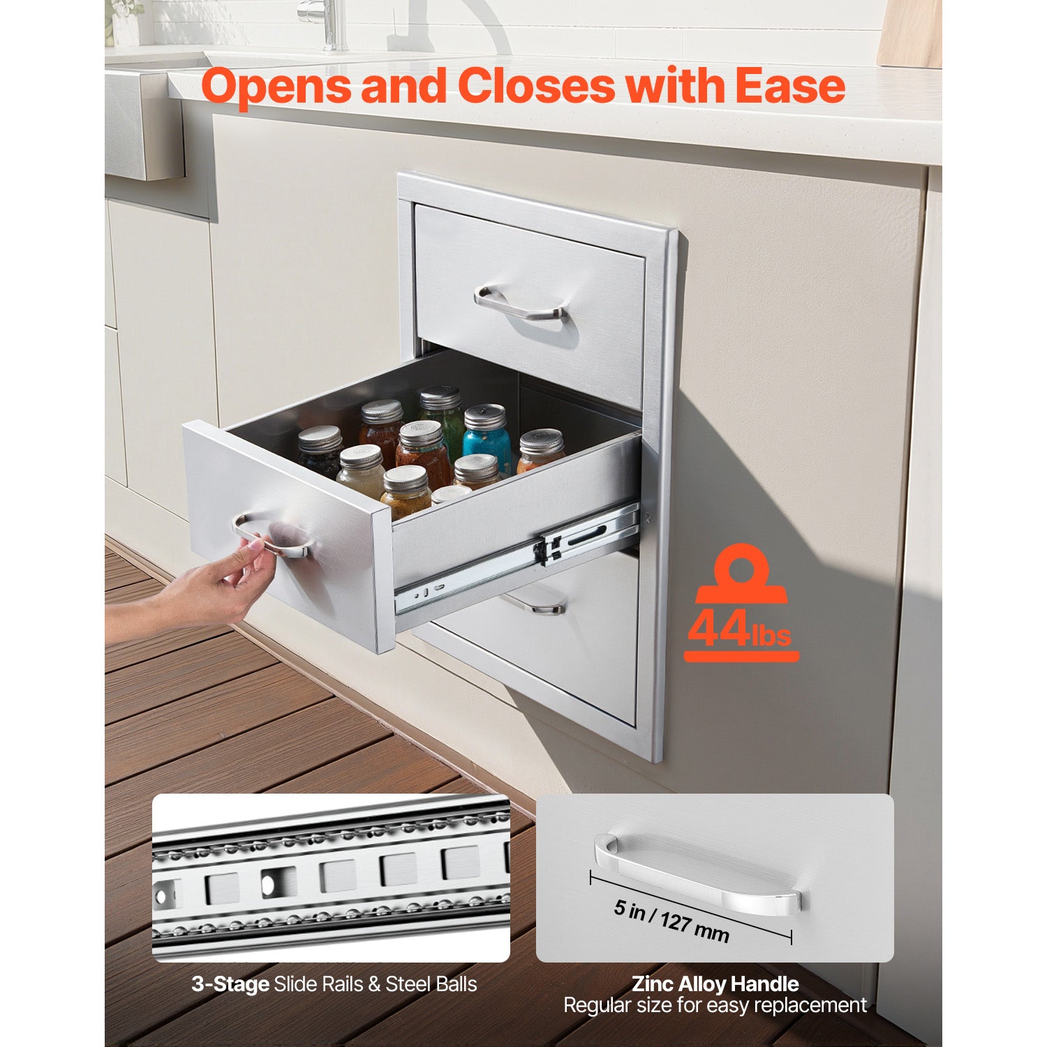 Outdoor Kitchen Drawers 18.11"W x 23.23"D x 23.23"H, Triple-Access Stainless Steel BBQ Drawers with Handles, BBQ Island Drawer for Outdoor Kitchens or Barbeque Island Patio Grill Station