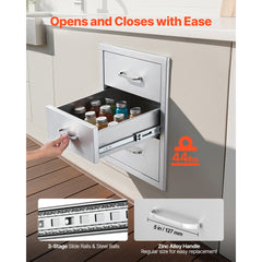 Outdoor Kitchen Drawers 18.11"W x 23.23"D x 23.23"H, Triple-Access Stainless Steel BBQ Drawers with Handles, BBQ Island Drawer for Outdoor Kitchens or Barbeque Island Patio Grill Station