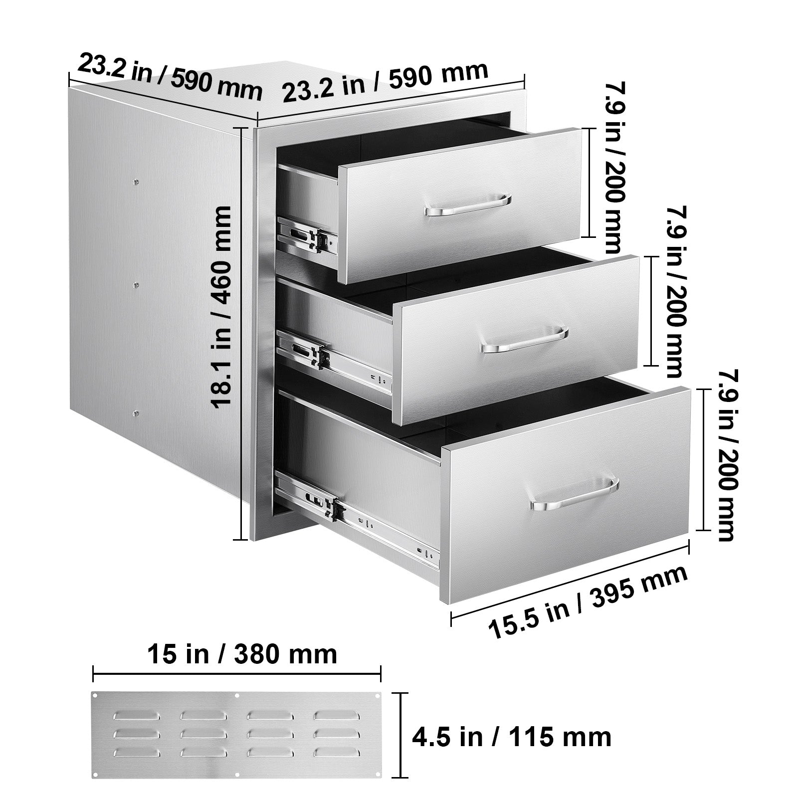 Outdoor Kitchen Drawers 18.11"W x 23.23"D x 23.23"H, Triple-Access Stainless Steel BBQ Drawers with Handles, BBQ Island Drawer for Outdoor Kitchens or Barbeque Island Patio Grill Station