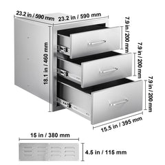 Outdoor Kitchen Drawers 18.11"W x 23.23"D x 23.23"H, Triple-Access Stainless Steel BBQ Drawers with Handles, BBQ Island Drawer for Outdoor Kitchens or Barbeque Island Patio Grill Station