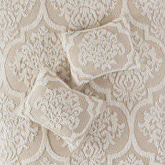 3 piece Tufted Cotton Chenille Damask Comforter Set Taupe Full/Queen
