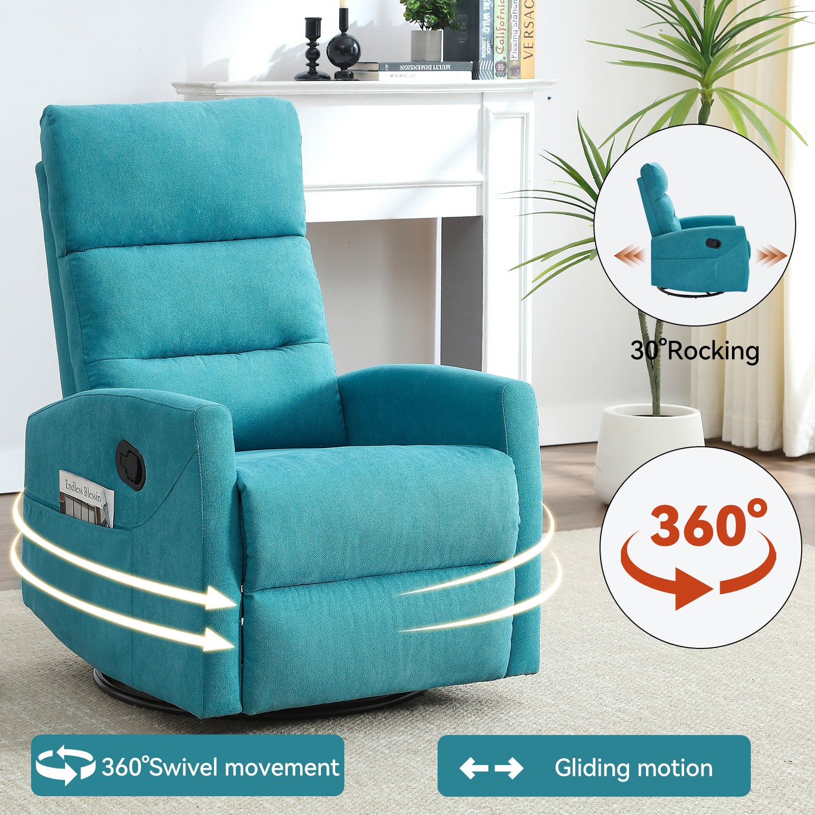 Manual Recliner Chair with Rocker and Swivel in Fabric for Living Room, Blue