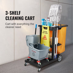 Cleaning Cart, 3-Shelf Commercial Janitorial Cart, 200 lbs Capacity Plastic Housekeeping Cart, with 25 Gallon PVC Bag, 47 x 20 x 38.6in, Yellow&Black