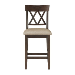 Dark Brown Finish Counter Height Chairs 2pc Set Double X-Back Design Lenin-like Fabric Padded Seat Dining Furniture