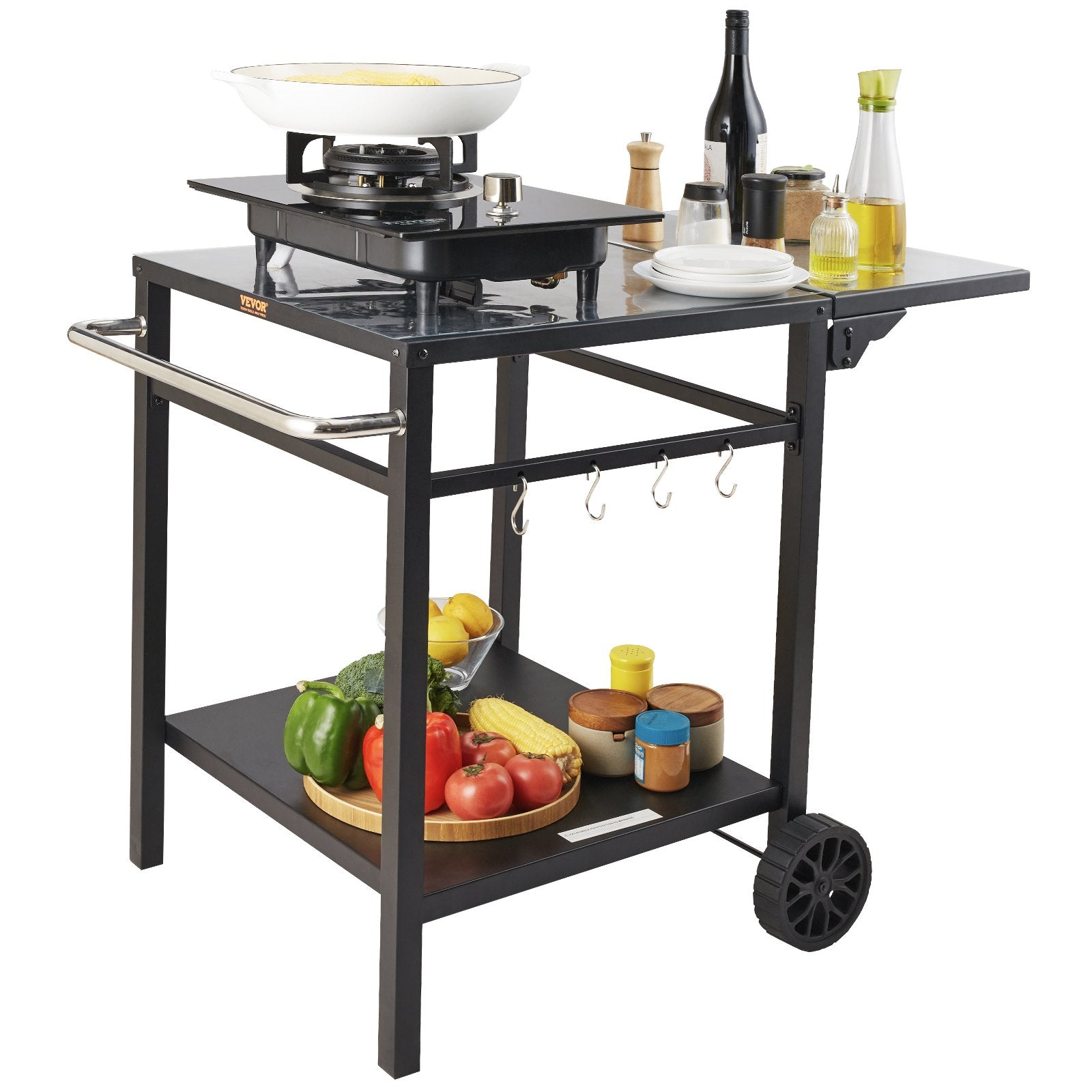 Outdoor Grill Dining Cart with Double-Shelf, BBQ Movable Food Prep Table, Multifunctional Foldable Iron Table Top, Portable Modular Carts for Pizza Oven, Worktable with 2 Wheels, Carry Handle