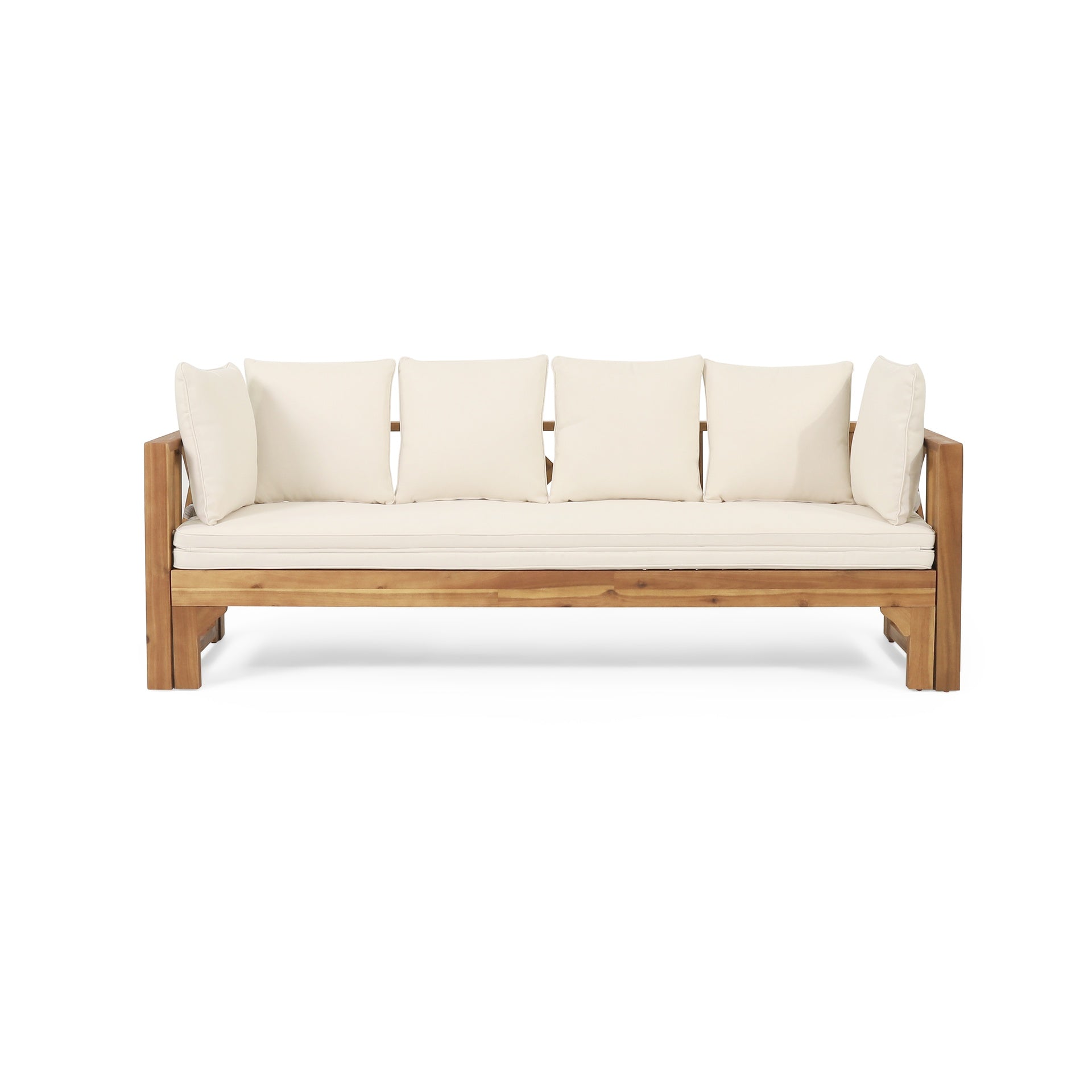 Outdoor Extendable Acacia Wood 3 Seater Sofa, Upholstered Cushion Couch, Daybed Sofa Chair, Spacious Seating Lounge Chair, Patio Daybed Sofa for Garden Yard