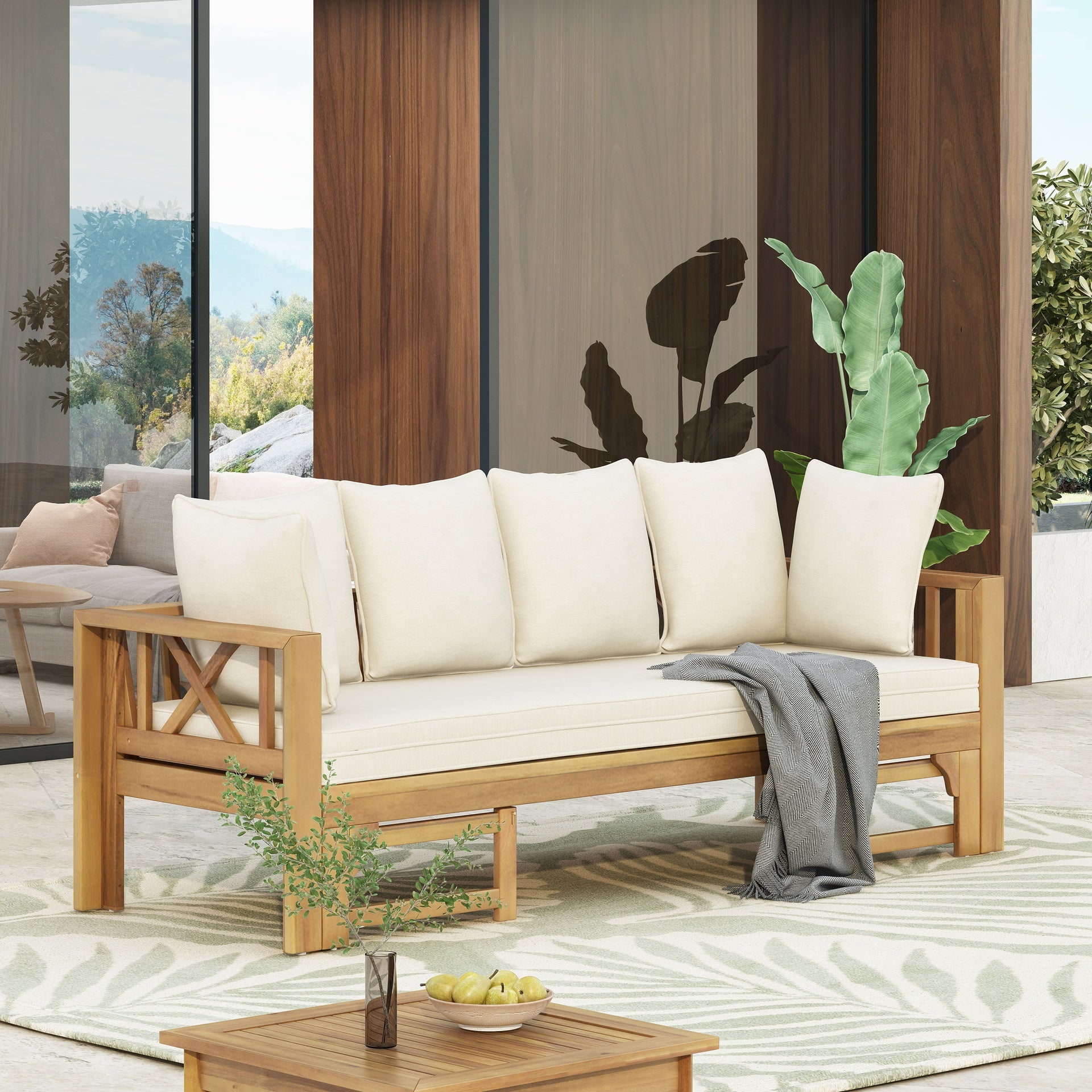 Outdoor Extendable Acacia Wood 3 Seater Sofa, Upholstered Cushion Couch, Daybed Sofa Chair, Spacious Seating Lounge Chair, Patio Daybed Sofa for Garden Yard