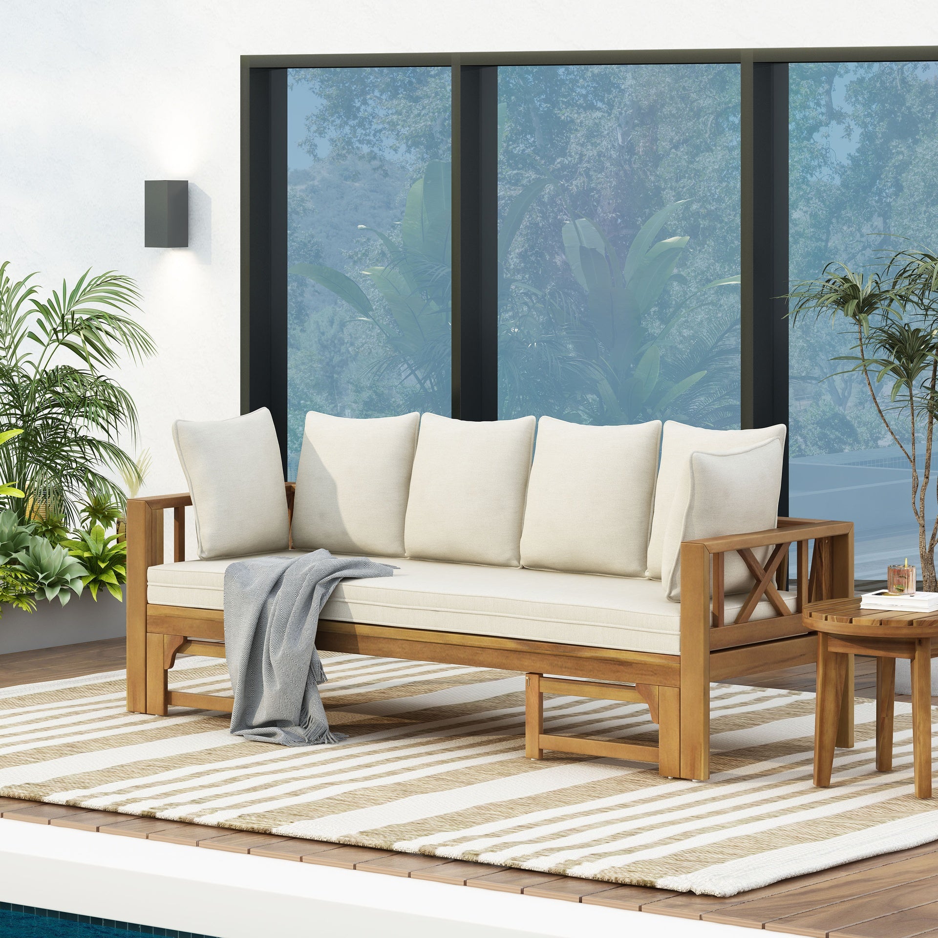 Outdoor Extendable Acacia Wood 3 Seater Sofa, Upholstered Cushion Couch, Daybed Sofa Chair, Spacious Seating Lounge Chair, Patio Daybed Sofa for Garden Yard