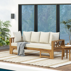 Outdoor Extendable Acacia Wood 3 Seater Sofa, Upholstered Cushion Couch, Daybed Sofa Chair, Spacious Seating Lounge Chair, Patio Daybed Sofa for Garden Yard