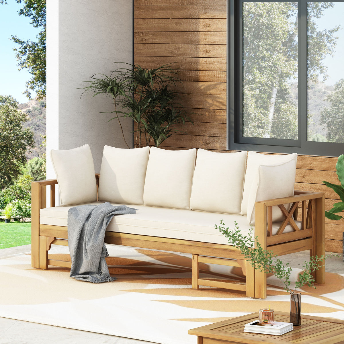 Outdoor Extendable Acacia Wood 3 Seater Sofa, Upholstered Cushion Couch, Daybed Sofa Chair, Spacious Seating Lounge Chair, Patio Daybed Sofa for Garden Yard