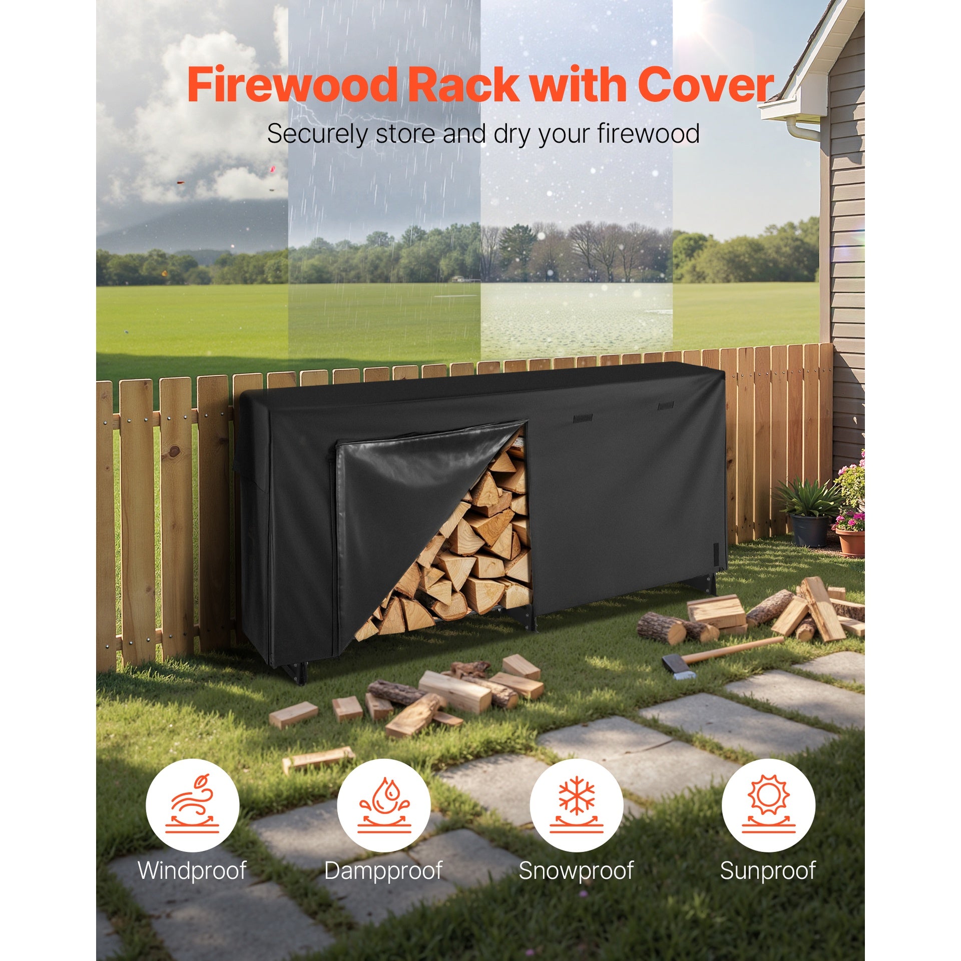 Firewood Rack with Waterproof Cover, 8 ft Outdoor Firewood Holder, 1/2 Cord Storage Metal Log Holder, 660lb Max Weight Capacity, Top Covered, Powder-Coated Wood Storage Rack for Fireplace Deck
