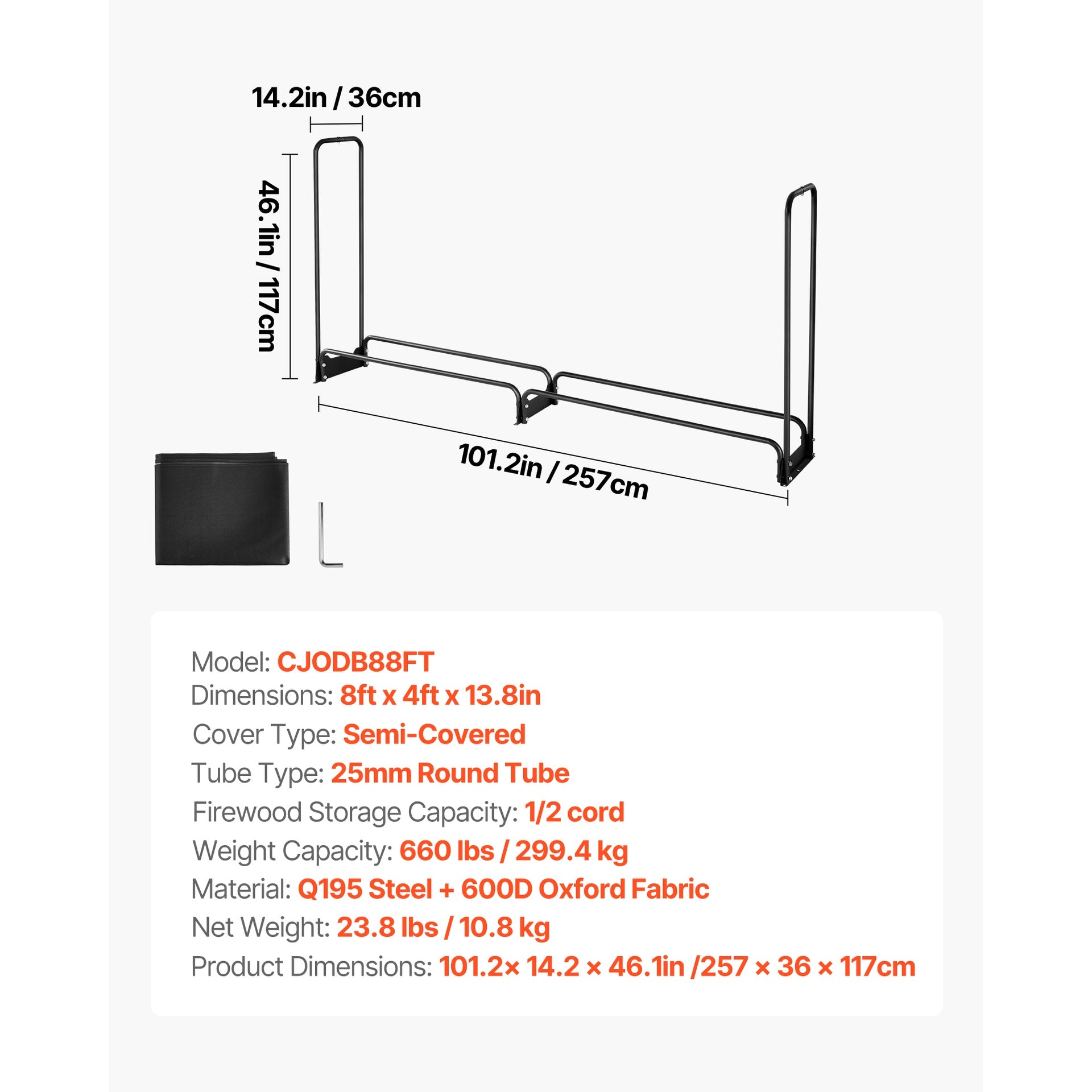 Firewood Rack with Waterproof Cover, 8 ft Outdoor Firewood Holder, 1/2 Cord Storage Metal Log Holder, 660lb Max Weight Capacity, Top Covered, Powder-Coated Wood Storage Rack for Fireplace Deck