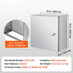 NEMA Stainless Steel Enclosure, 12 x 12 x 8'' NEMA 4X Steel Electrical Box, IP66 Waterproof & Dustproof, Outdoor/Indoor Electrical Junction Box, with Mounting Plate